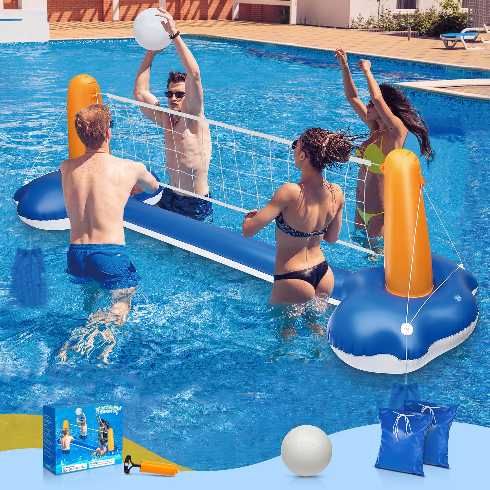 KIDDITOY 118" Pool Volleyball Net, Pool Volleyball Set for Inground Upground Includes Upgraded Water Volleyball, Ball Pump, Pool Games Toys for Adults