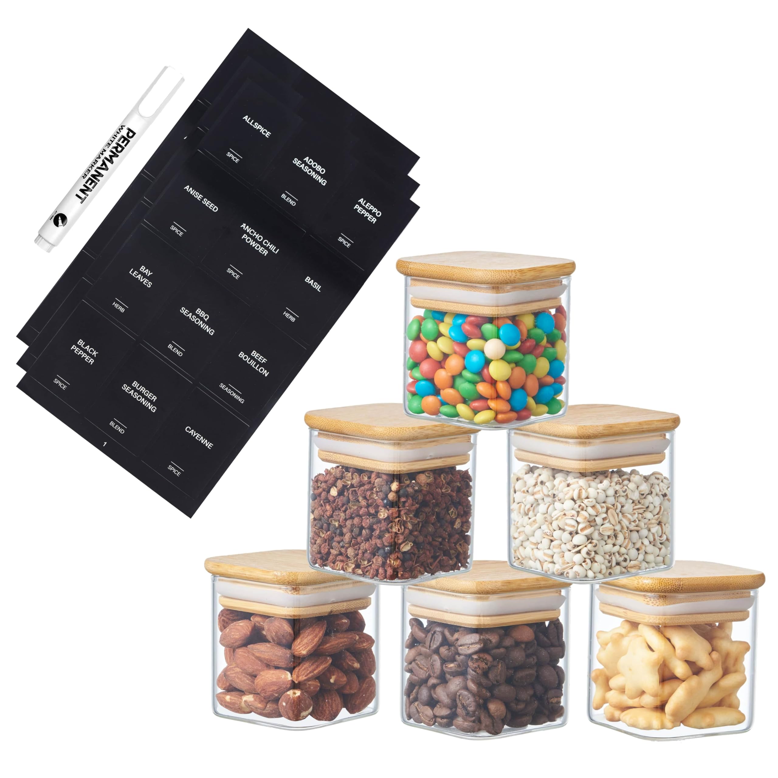 Small Square Glass Storage Jars with Airtight Bamboo Lids | Kitchen Organization Containers | Spice Jars with Preprinted Labels & White Marker – Pantry Storage for Herbs & Spices (6, Clear, 150ml)