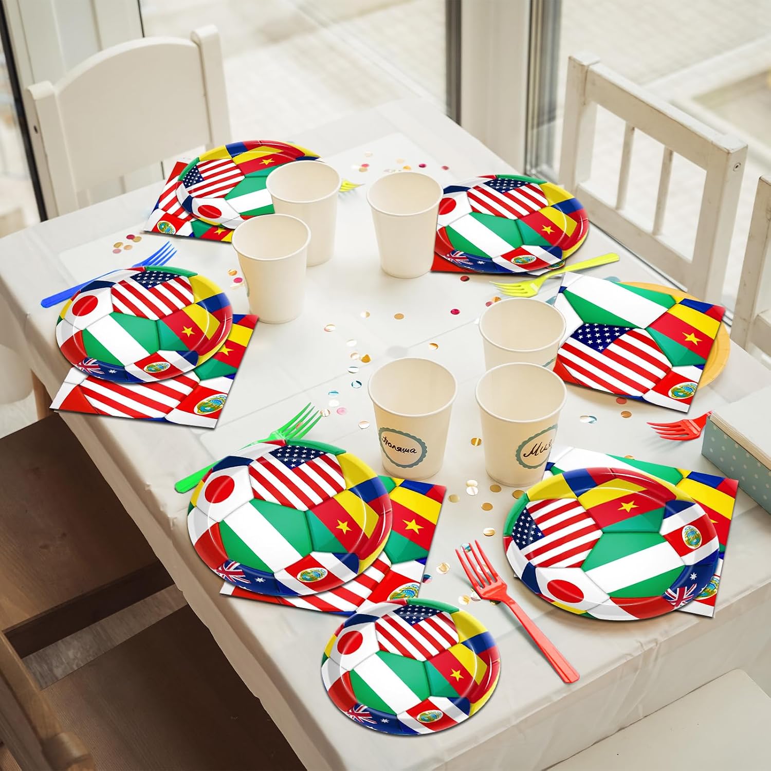 96Pcs World Cup Party Tableware Set, 2026 Soccer Ball Party Decorations Soccer Sports Events Festivals Supplies for International World Flags Disposable Paper Plates Napkins Forks Favors, Serve 24