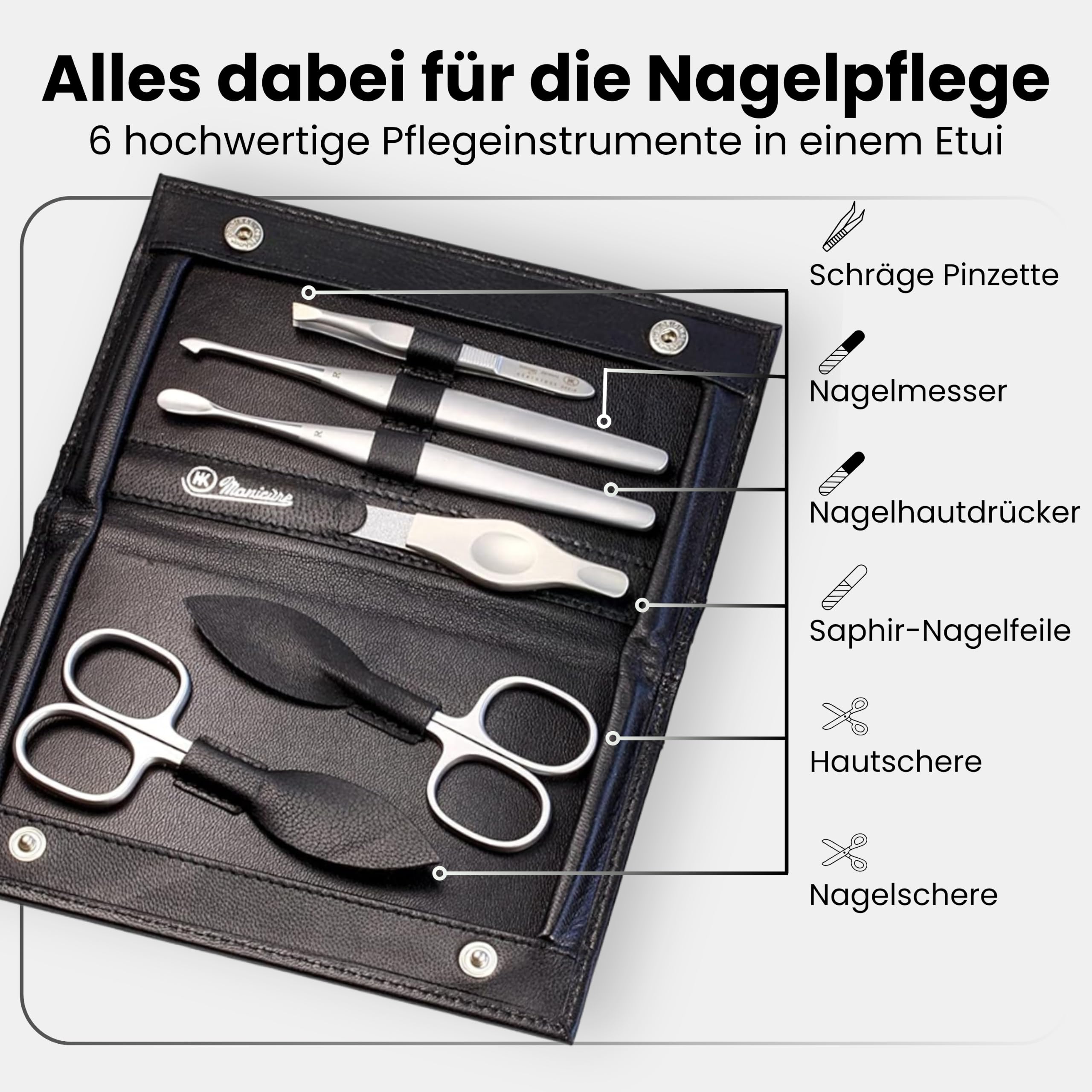 Hans Kniebes Maniküre Set 6-teilig Edelstahl Rostfrei - Nagelpflegeset für Damen und Herren im Leder Etui - Inkl. Nagelschere, Nagelfeile, Nagelhautentferner - Pediküre Set & Fußpflege Set