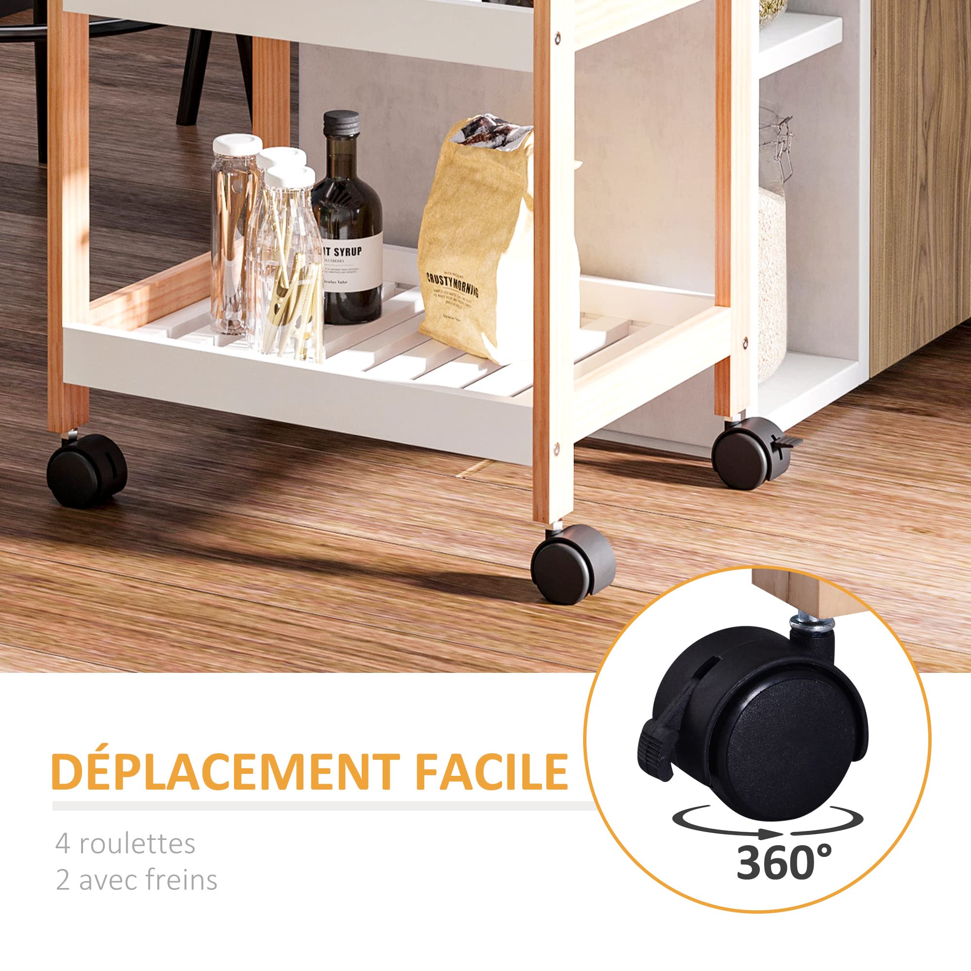 HOMCOM Chariot de Service Desserte de Cuisine à roulettes 2 Étagères Blanc | Plateau Amovible, Bois de Pin, MDF