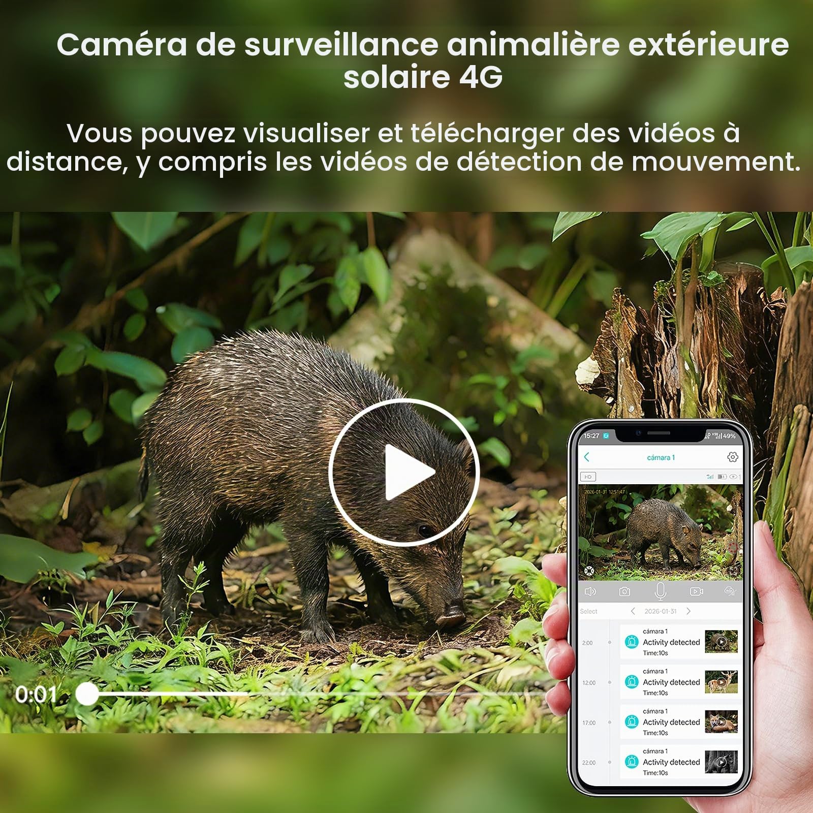 4G caméra de sécurité extérieure sans Fil à énergie Solaire,2K Solaire PTZ 4G avec Carte SIM（sans WiFi）, Détection Humaine PIR, Batterie 10400 mAh, Cloud TF, Audio Bidirectionnel, Etanche IP66