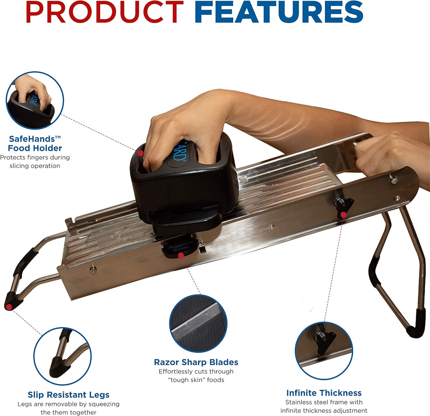 Jaccard Stainless Steel SafeHands Mandolin Slicer, Food Chopper, Compact Vegetable Chopper with Seven Interchangeable Blade Cartridges, Easy to Use and Store, Dishwasher-Safe