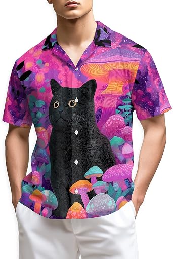 Cute Cat Abstract Trees Hawaiian Shirt for Women Men, Cat Lover Gifts, Button Down Summer Beach Short Sleeve, S-5XL