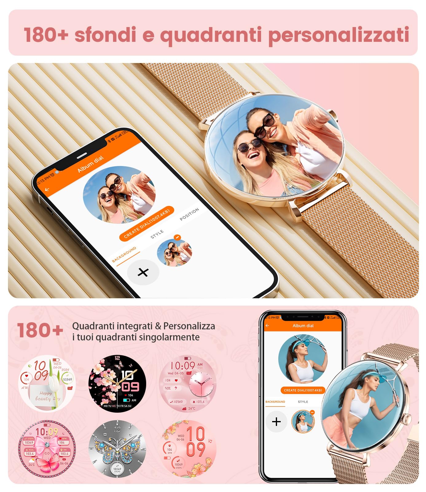 Smartwatch Donna con Chiamate,1,43" AMOLED Orologio Fitness Ultra Sottile con 2 Cinturini, 100+ Modalità Sportive, 24H Cardiofrequenzimetro, Monitoraggio Sonno, Ciclo Mestruale, IP68, per Android iOS
