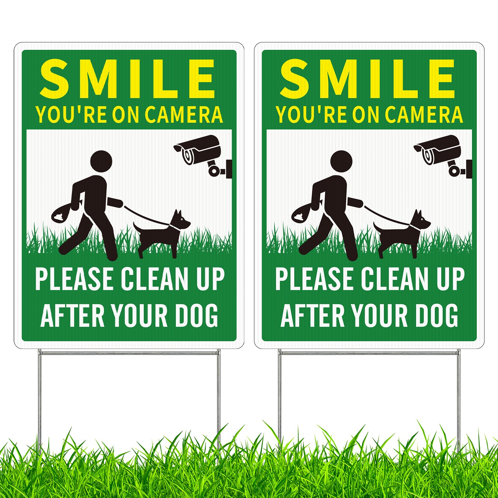 2 Pack Clean UP After Your Dog Signs, Funny Smile You're On Camera Yard Sign, 12.6X9.4 inches Corrugated Plastic Double Sided Sign with Metal H-Stake,