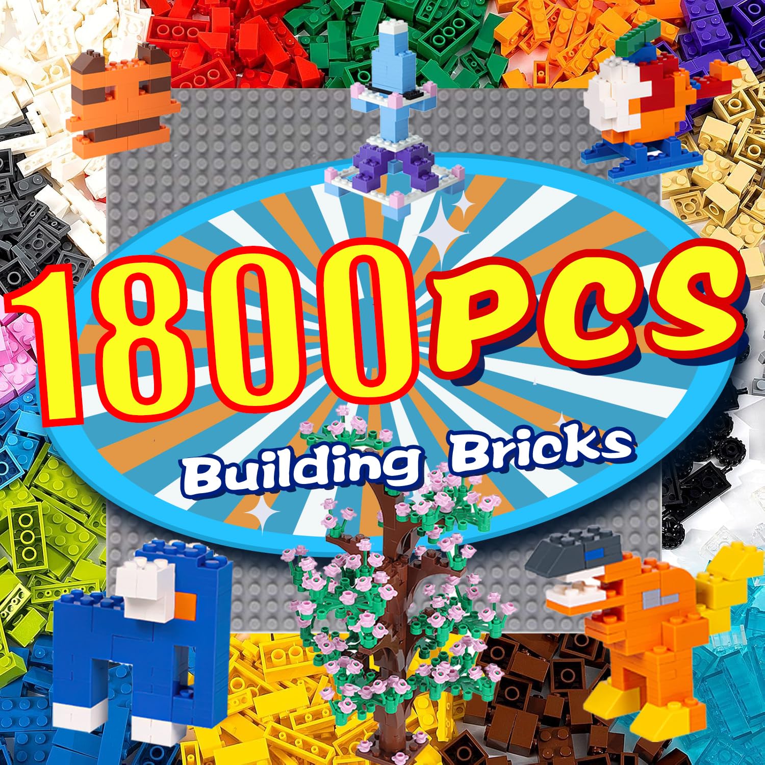 1800 Pieces Building Bricks Set,Building Bulks Blocks with 1 Packs 24x24 Studs Sticky Plates,205 Pcs Flowers and Tree Accessory, 14 Colors 18 Random Bulk Shapes, Creative Toy Gift for Boys Girls