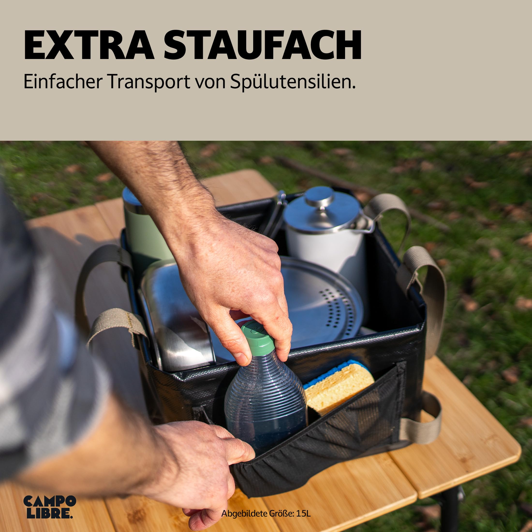 Campo Libre.® Carlo I Camping Spülschüssel I Faltbare Spülschüssel mit Langen Tragegriffen und Staufach I kompakt verstaubare Faltschüssel fürs Campinggeschirr I Waschschüssel für unterwegs I 15 Liter