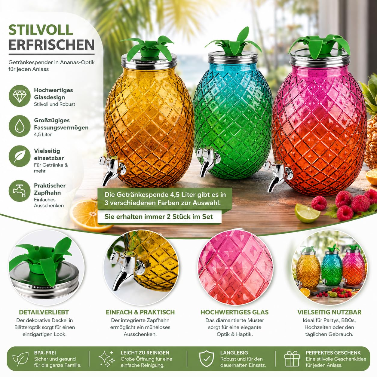 2er Set Getränkespender je 4,5L Ananas Glas mit Zapfhahn Getränkebehälter Saftspender Limonadenspender Partyspender Deckel 30cm für Cocktails Eistee Spender - gelb orange