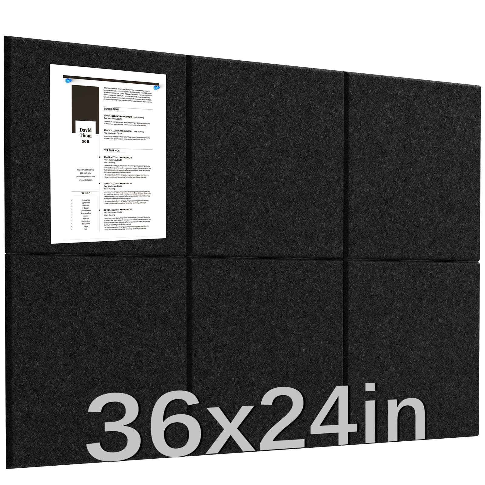Ftumertly Large Cork Board 6 Pack Black Notice Board 36 x 24 Inch Felt Wall Tiles Cork Boards for Walls with Push Pins, Cork Boards for Office with Safe Removable Bulletin Board, Bulletin Board