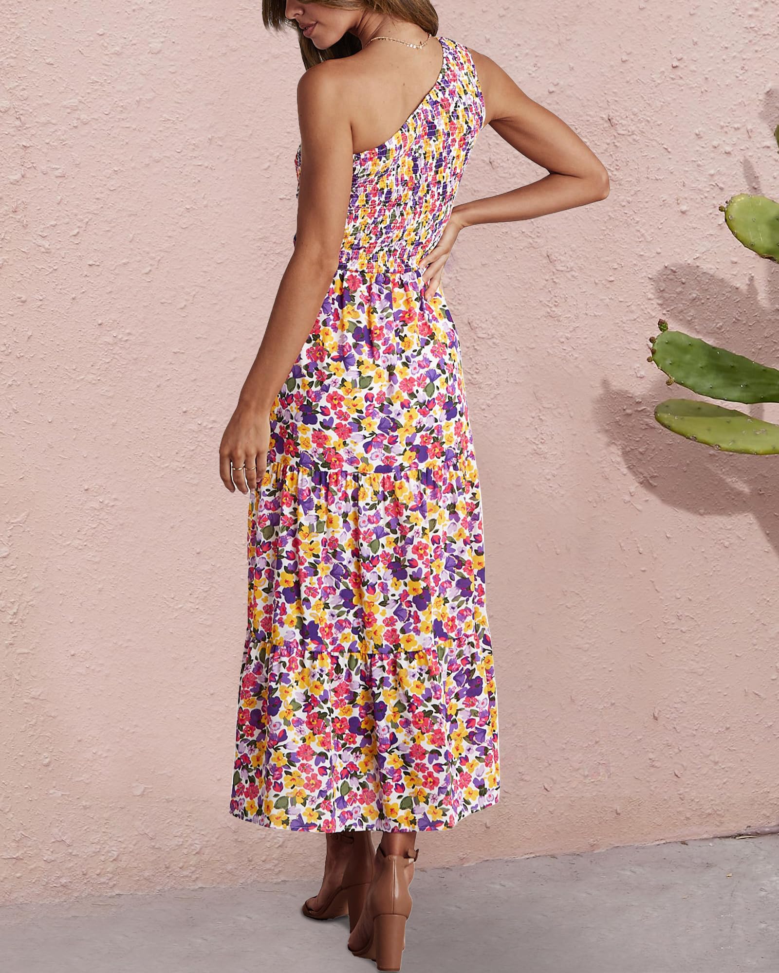 BTFBM 2025 Summer One Shoulder Dresses for Women Casual Sleeveless High Waist Floral Flowy Smocked Boho Beach Maxi Dress