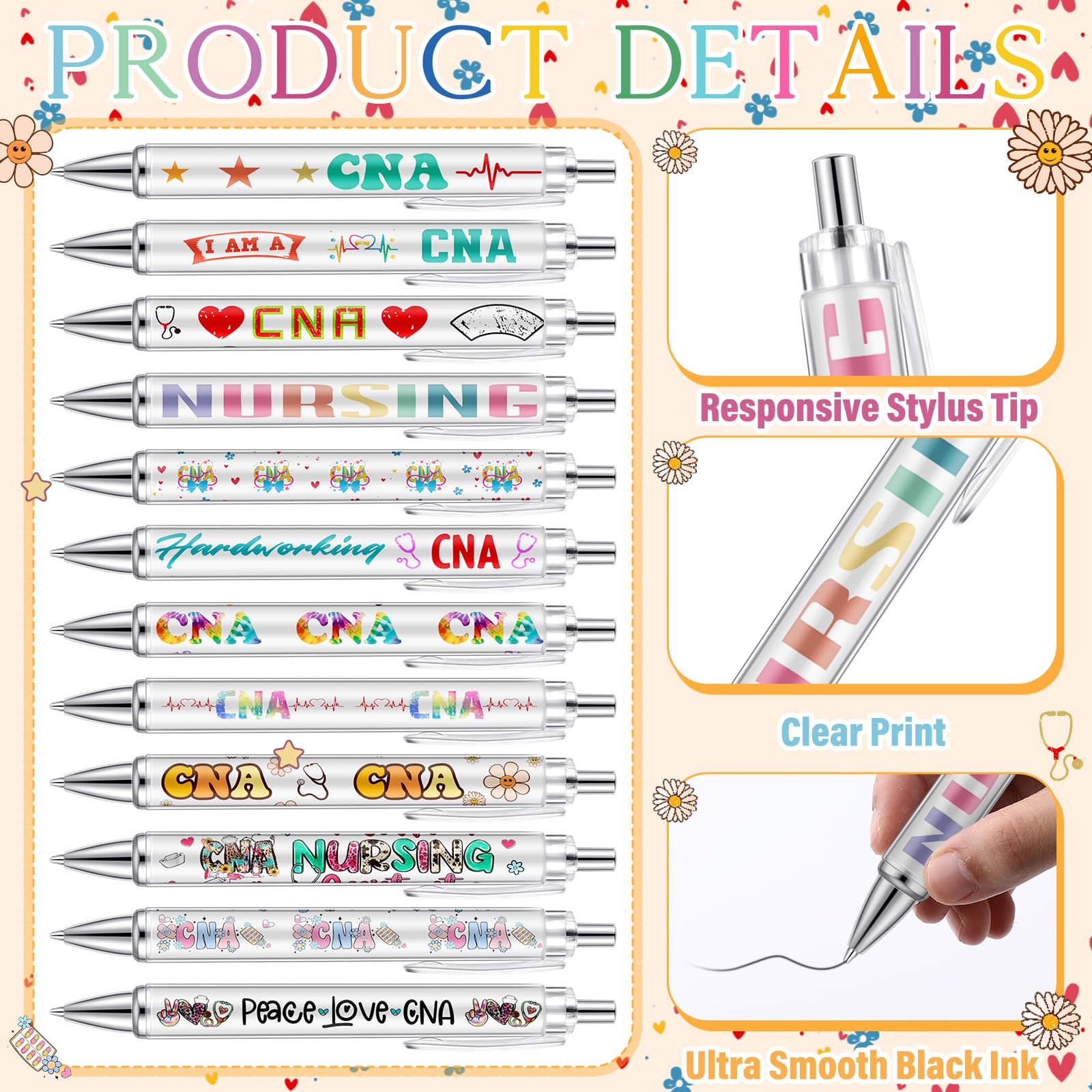Motipuns 48 Pcs National Nursing Assistant Week Pens CNA Week Gifts Bulk Medical Assistant Nursing Essential Nurse Party Favors Ballpoint Pen CNA Medical Item for Work Women Office Holiday Supplies