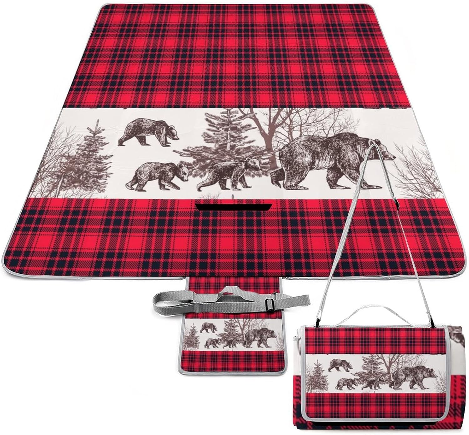 Vintage Black Red Plaid Check Beach Picnic Blanket Rustic Farmhouse Country Cabin Wildlife Bear for Outdoor Picnics, Beach, Camping 58.3x58.3 Inch