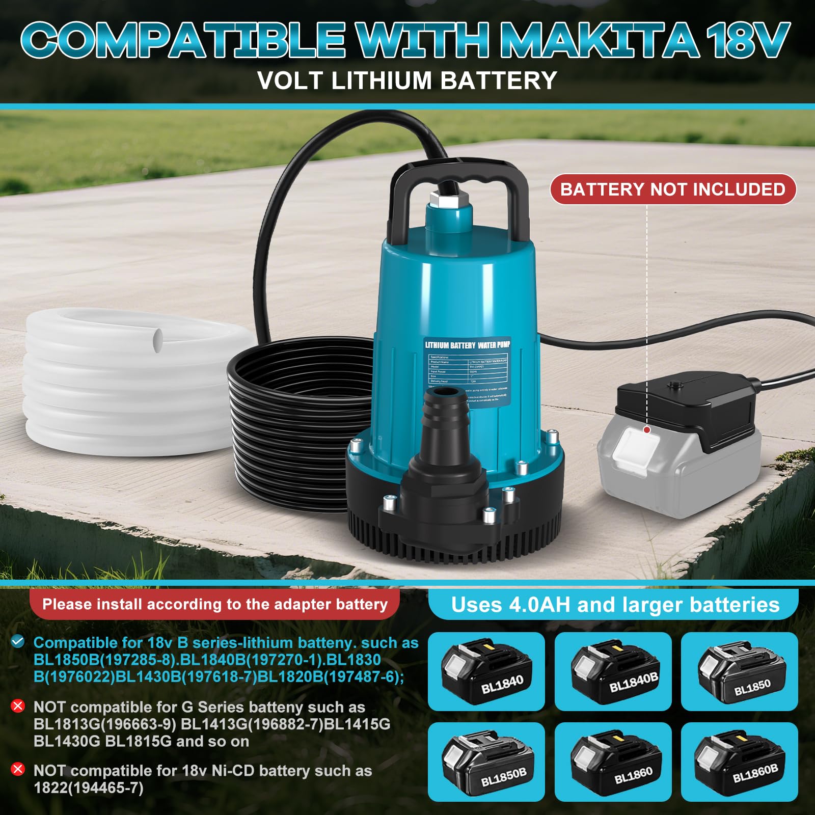 Akku Tauchpumpe Wasserpumpen für Makita 18V (ohne Akkus), Klarwasserpumpe Tauchwasserpumpe mit Sicherheitsdeckel 10 m Schlauch für Pool, Wasserbetten, Abwasserpumpe, Pooldeckung (SET1-ohne Akkus)