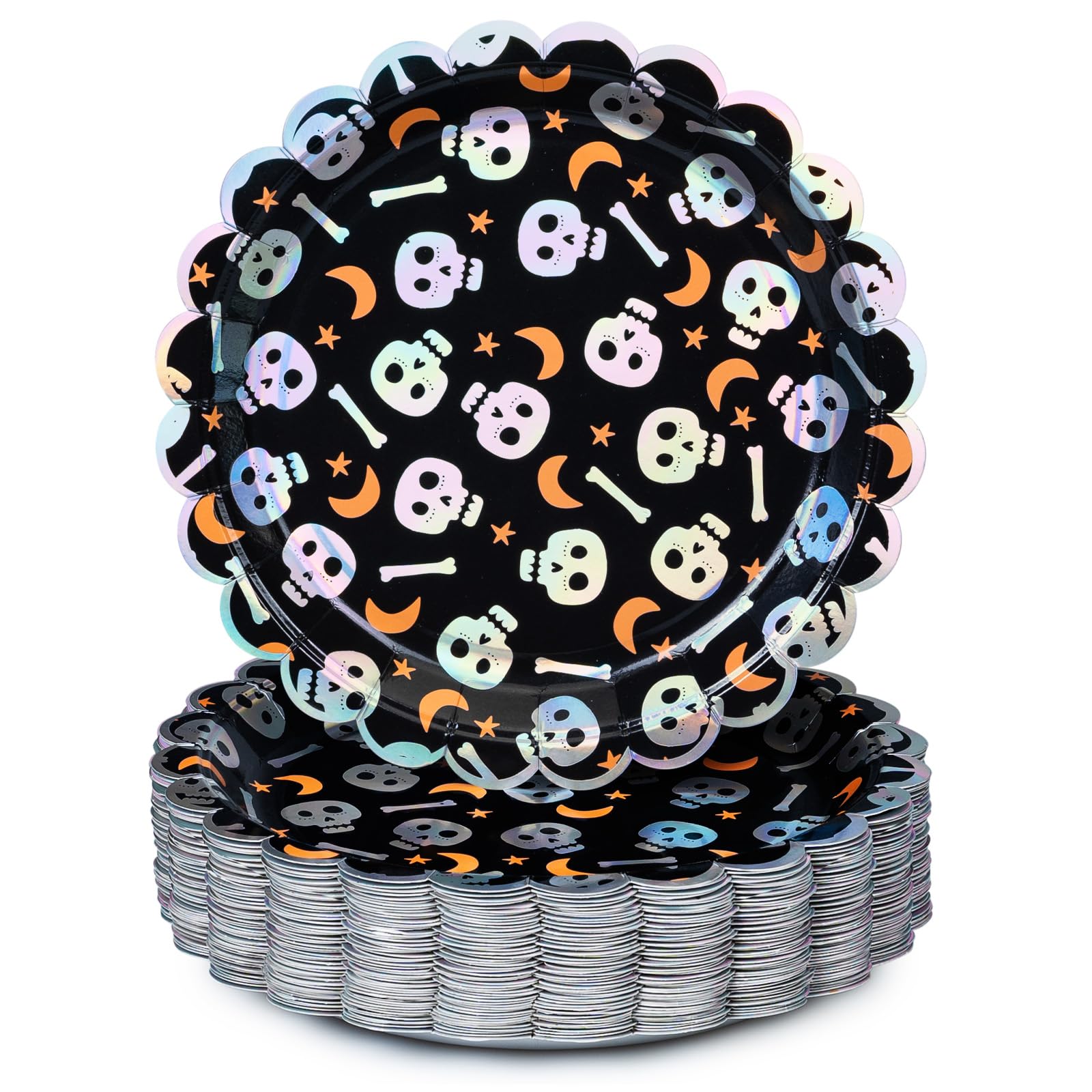 Halloween Paper Plates, 50-Count Disposable Halloween Dinner Plates, Scalloped, Party Supplies, Skull, Iridescent Silver Foil