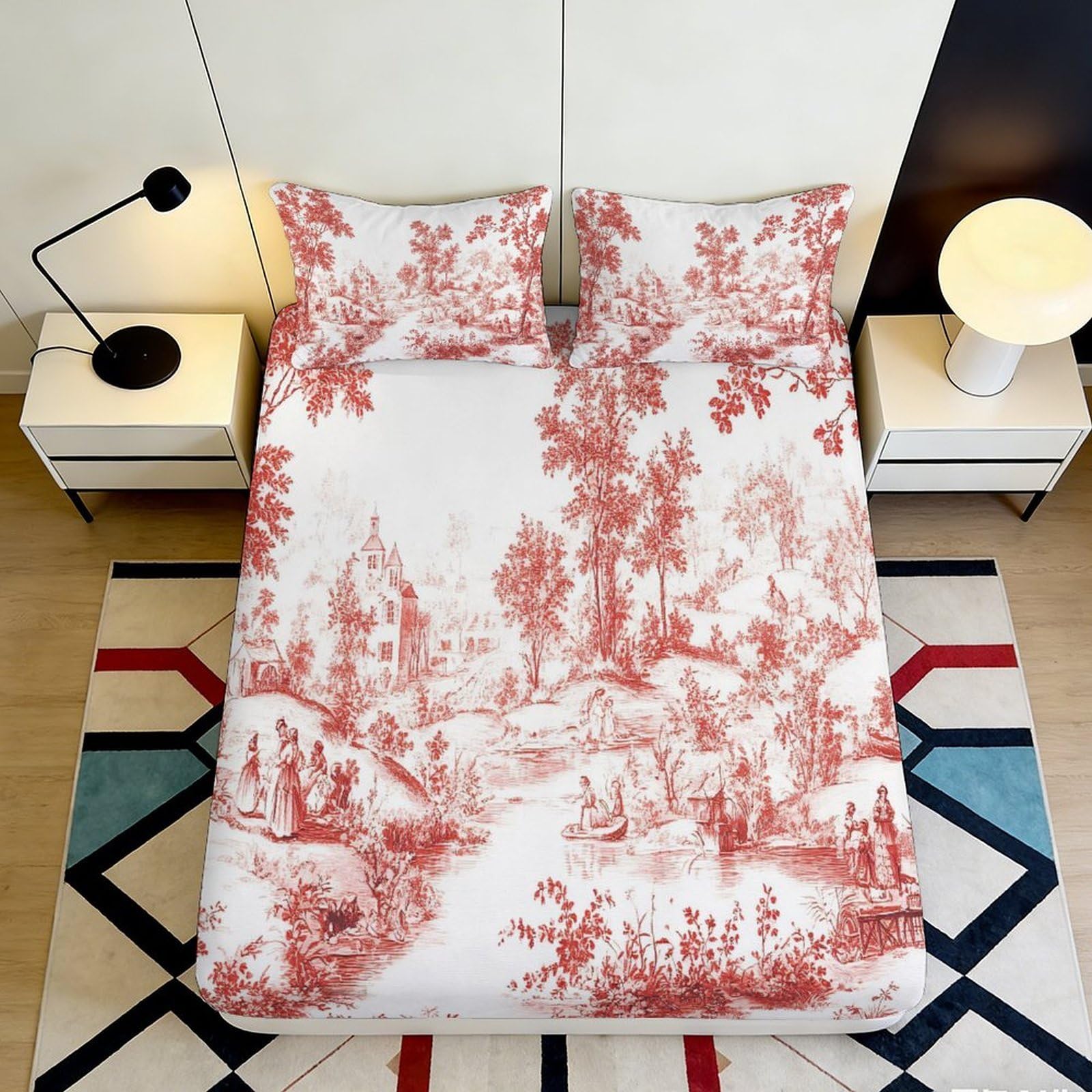 3D Printed Vintage Red Toile Fitted Sheet Microfiber Soft Breathable Landscape Scene Mattress Cover for Bedroom Guestroom Decor 90x200x25cm