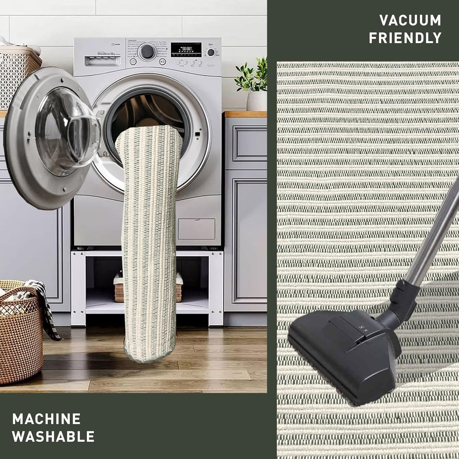 Chardin home Green & Ivory Providence Throw Rug 2x6 feet |Hand Woven Farmhouse Rug | Great in Kitchens entryways doormats Bathrooms Meditation Mat | Machine Washable & Reversible Cotton Rug