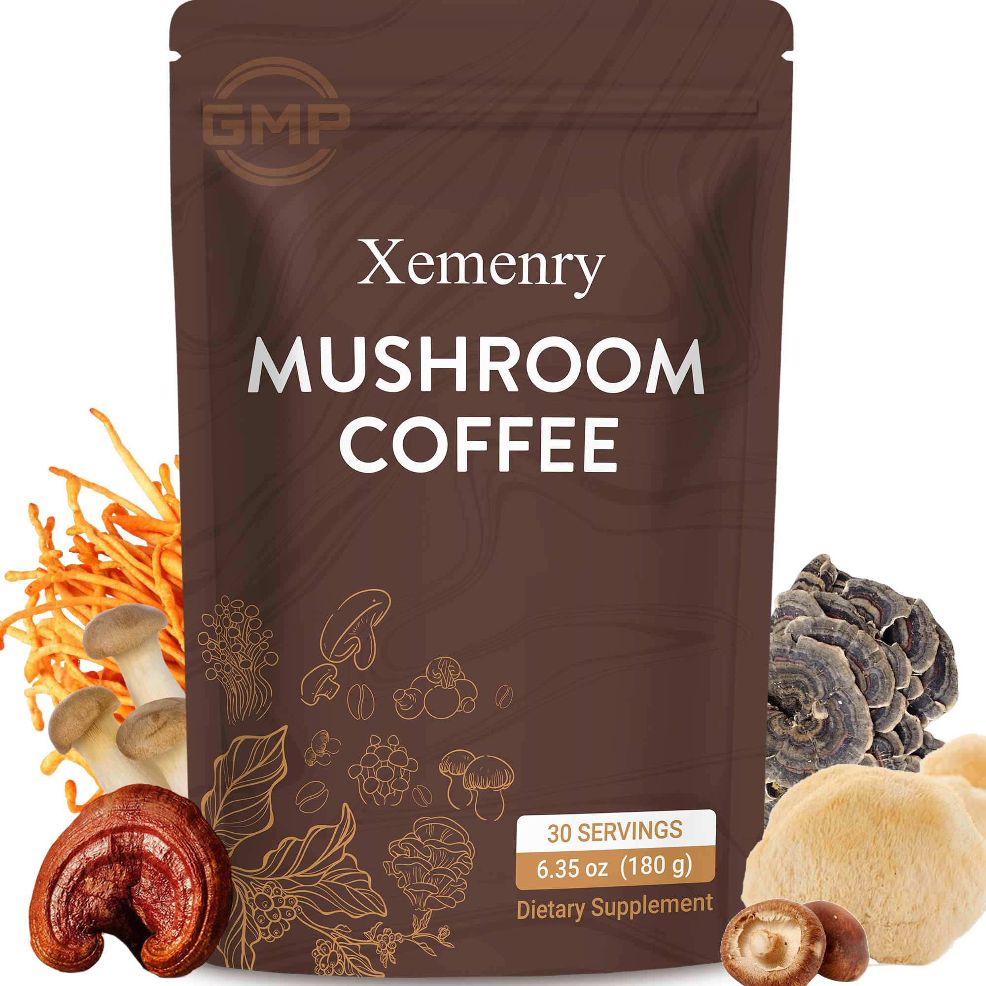 Mushroom Coffee, Instant Mushroom Coffee with 6 Superfoods (Cordyceps, Reishi, King Trumpet, Shiitake, Lion's Mane & Turkey Tail), Supports Focus, Digestion & Immunity, 30 Servings