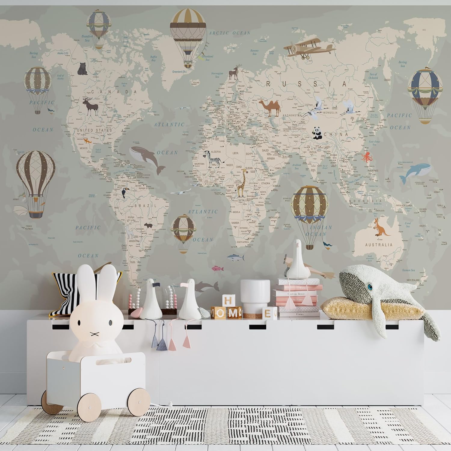 Kids World Map Wallpaper with Animals–Peel and Stick Educational Decals–Nursery Murals for Baby, Toddlers,Boys, Kids Room–Removable Waterproof Decor for Bedroom, Classroom, Playroom(148W x 100H)