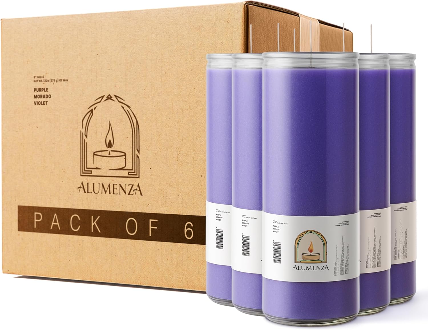 Bulk 6 Pack Purple 7 Day Candles in Glass Jar – Paraffin Wax, Clean Burning Unscented | Large & Tall Devotional Prayer Pillar Candles for Home, Memoria, Spells, Long Lasting