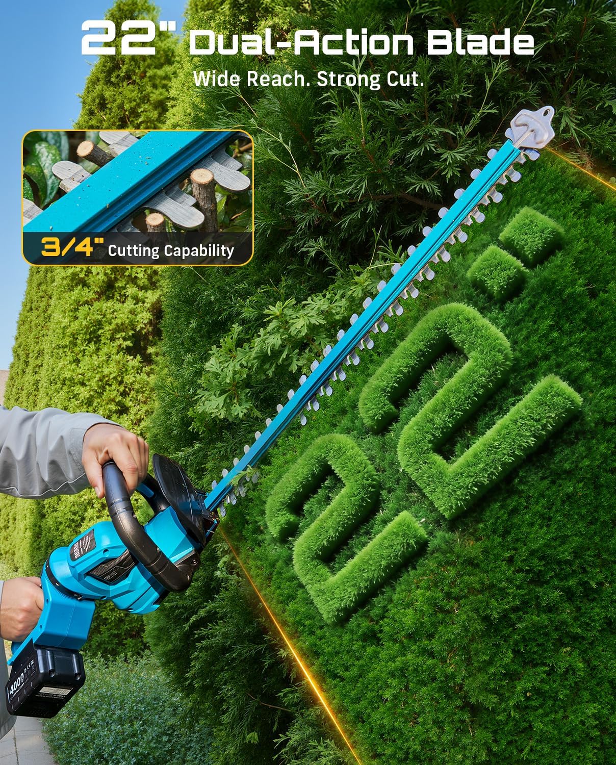 SEESII 22" Cordless Hedge Trimmer, 20V Electric Bush Trimmer with 2 Pcs 4000mAh Battery, 60 Mins Runtime, Debris Collector, 3/4" Blade Gap, 180°Rotatable Handle, Handheld Power Hedge Trimmers for Yard