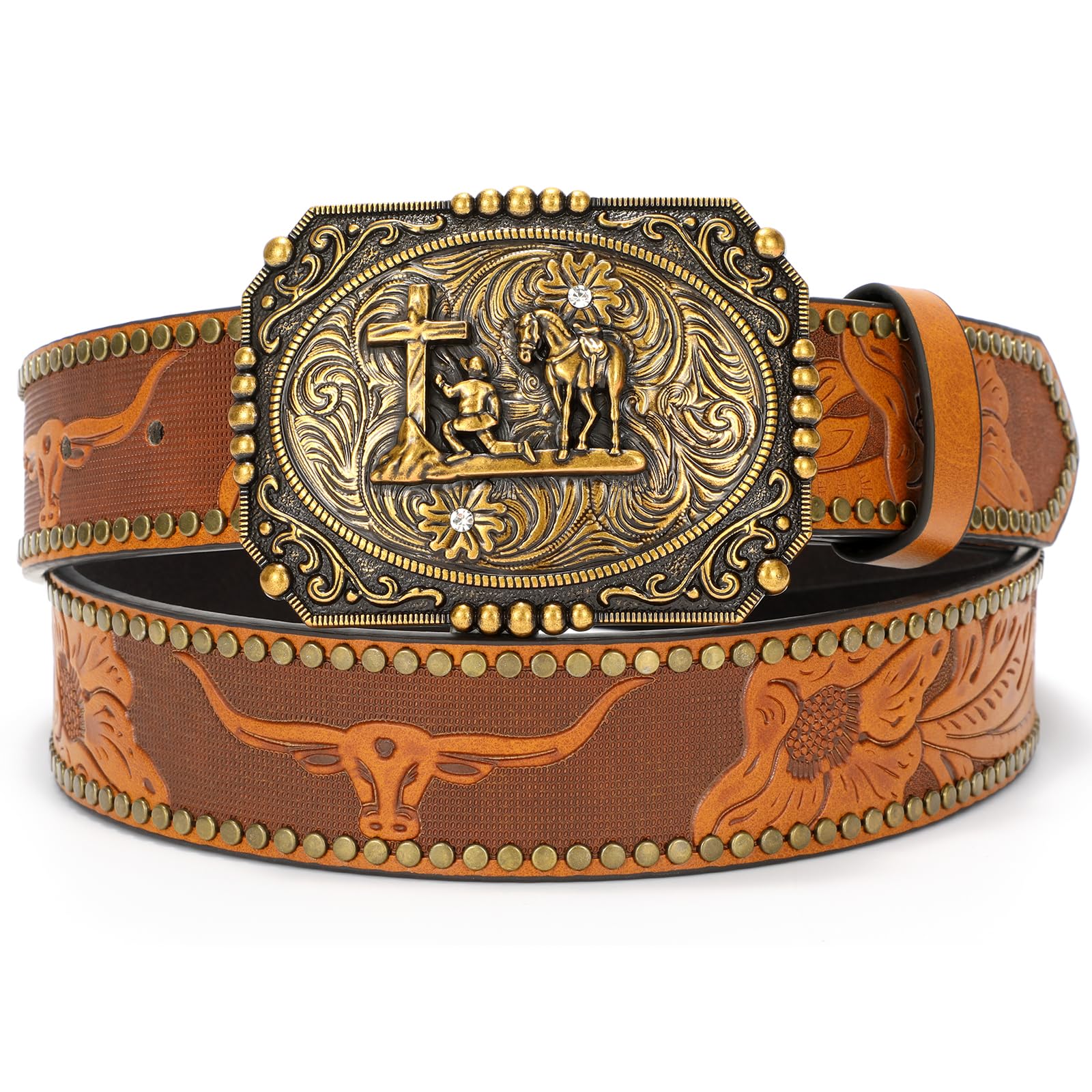 WOWOGO Western Cowboy Cowgirl Belt for Men Women LongHorn Bull Buckle Embossed Leather Belt Rodeo Country Belt