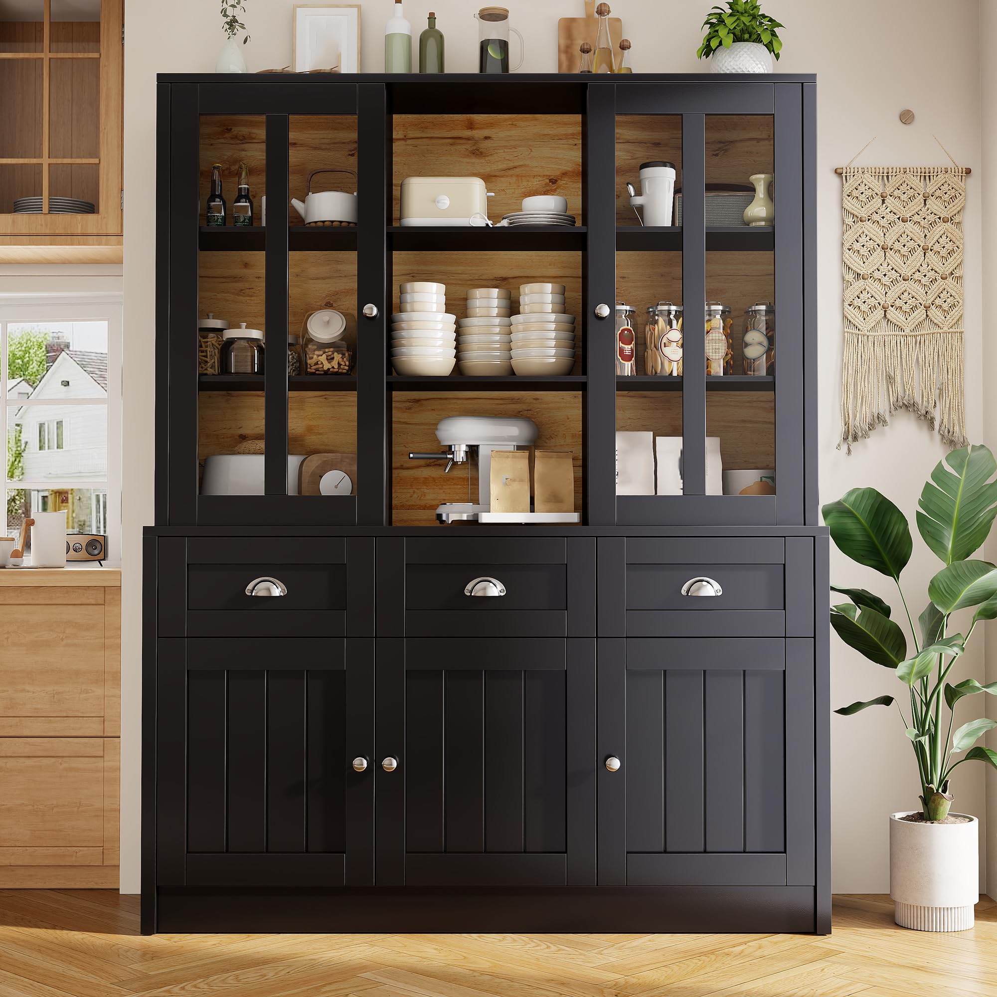 Armarios Altos con Puertas y cajones Vitrina para salón Comedor Cocina Vitrina de pie Moderno Buffet con Gran Espacio de Almacenamiento aparador Negro