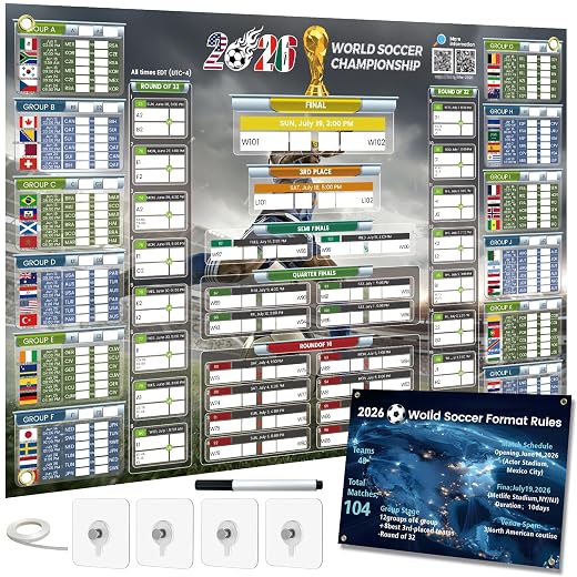 FZIIVQU Updated 2026 World Soccer Schedule Poster With Live Score QR Code, 33.1"x22.3" Wall Chart Large Print for All Ages From Grandparents, Father Holiday Gifts for Home Bar Office
