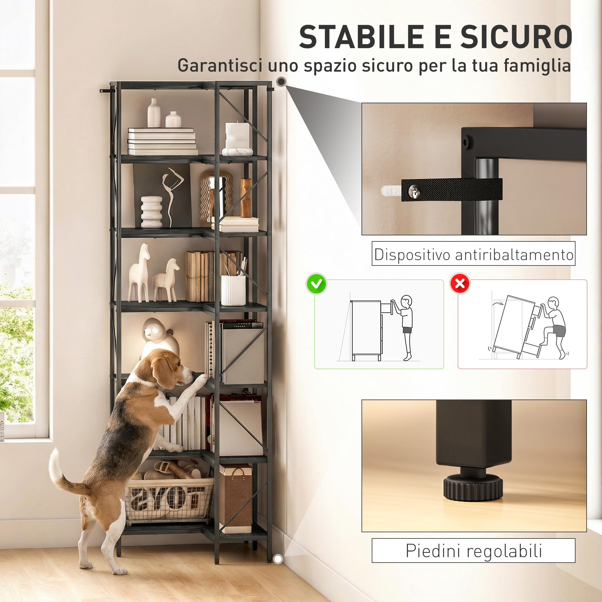 HOMCOM Libreria ad Angolo a 7 Ripiani 60x60x198 cm Nero | Libreria Angolare, Scaffale Salvaspazio Slim, Scaffale Portaoggetti Industriale, per Soggiorno, Camera da Letto, Ufficio