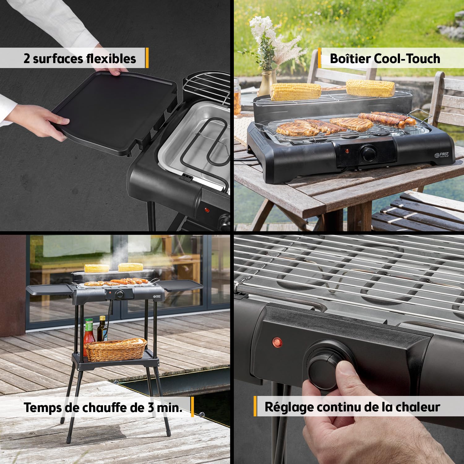 TZS First Austria - Barbecue Électrique sur Pied 2200W - Grill 2-en-1 avec Pare-vent - Thermostat Réglable - Cuisson sans Fumée avec 2 Tablettes Latérales - Noir