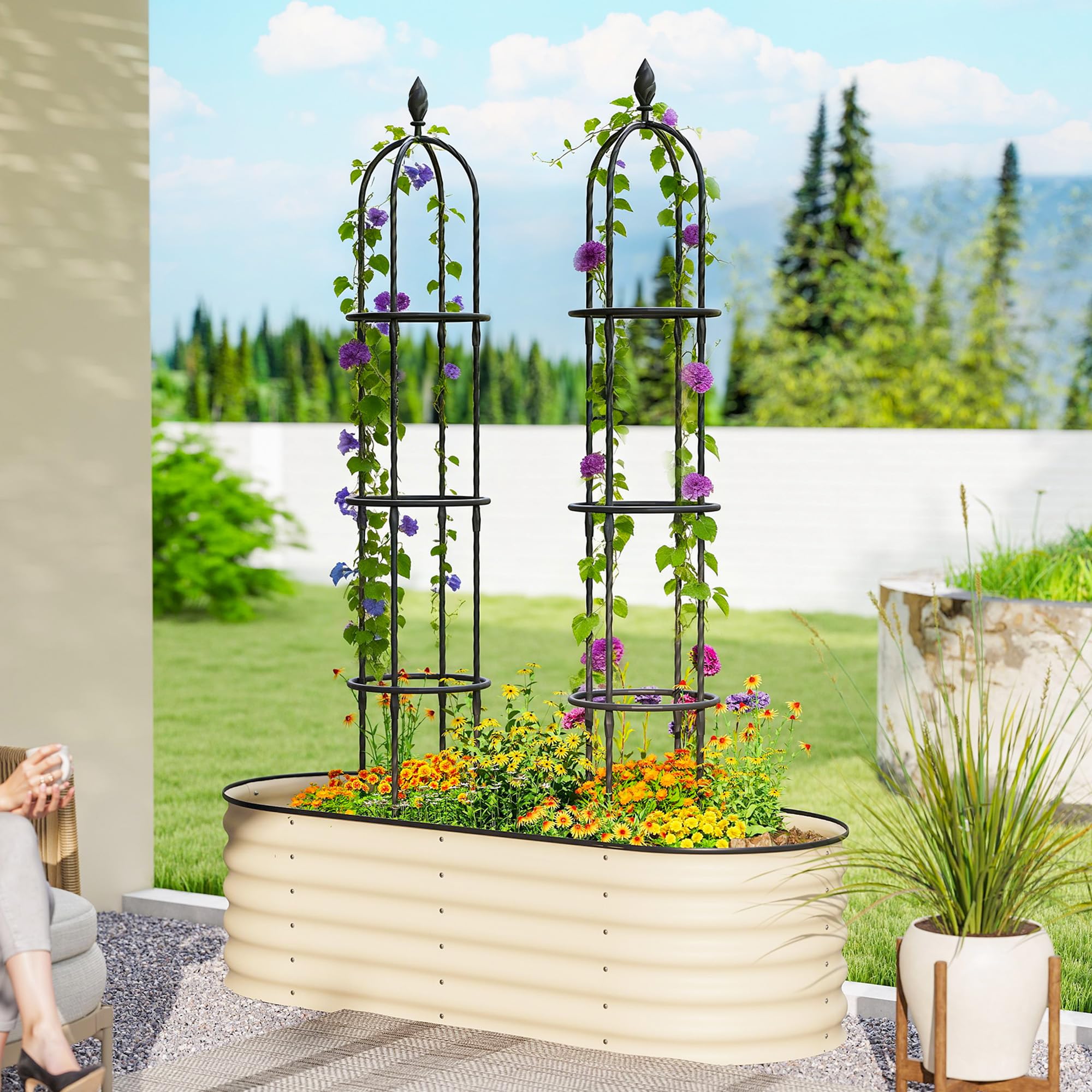Outsunny Set di 2 Supporti per Piante Rampicanti Alti 1.74 m, Traliccio per Rampicanti da Giardino Alti in Acciaio Rivestito in PE con Decorazioni, per Rose, Pomodori, Fiori, Piselli e Verdure, Nero