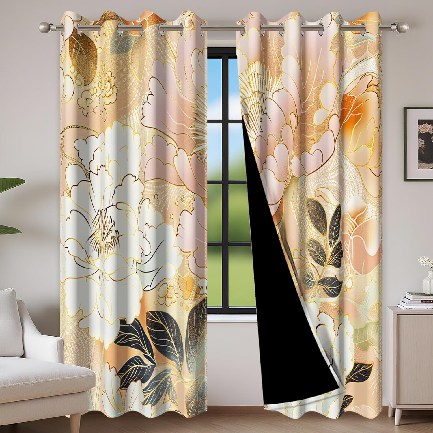 Baocicco Blackout Floral Curtains for Bedroom, 84 inch Long Printed Flower Window Curtains, French Country Window Treatment Farmhouse Drapes Set 2 Panels Orange 42Wx84L