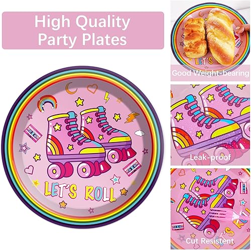 Miniatura 3 de Qyeahkj Juego de 100 platos y servilletas para fiesta de patinaje sobre ruedas, suministros para 25 invitados, color rosa, patinaje, fiesta de