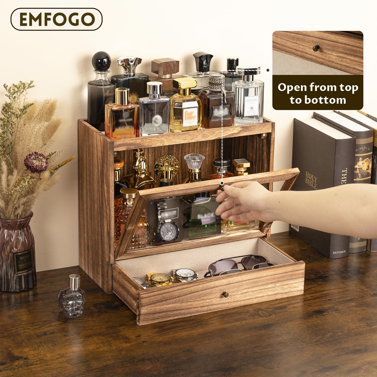 Soporte de colonia, organizador de perfume de madera maciza para hombre, organizador de perfume a prueba de polvo de gran capacidad con cajón de almacenamiento de perfumes, joyas y cosméticos