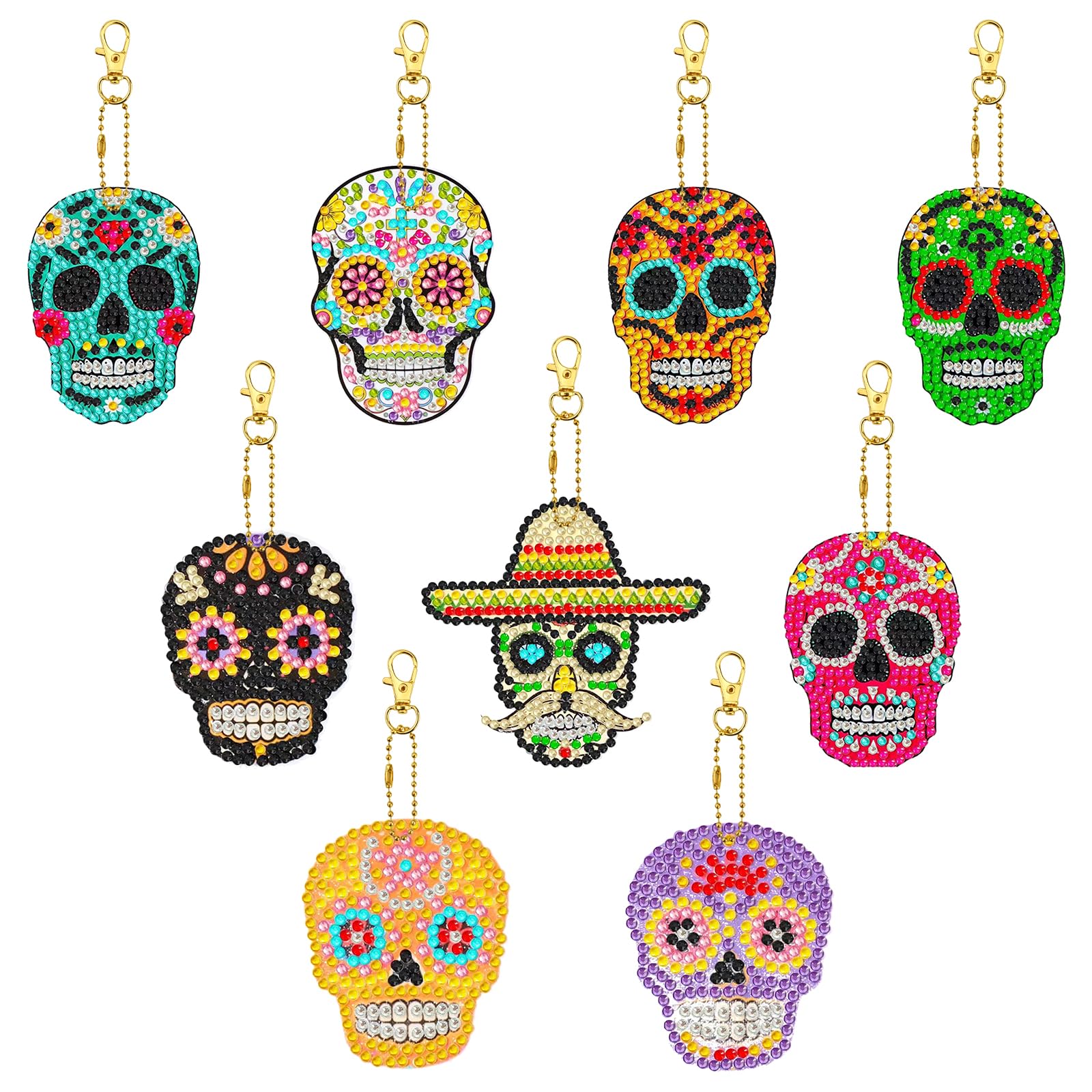 Jodsen 9 Pcs Halloween Diamond Painting Keychains, Skull Shaped Full Drill Diamond Art Kits Key Rings, 5D DIY Mosaic Diamond Craft Pendant for Key Case, Purse, Phone, Bag, Art Craft