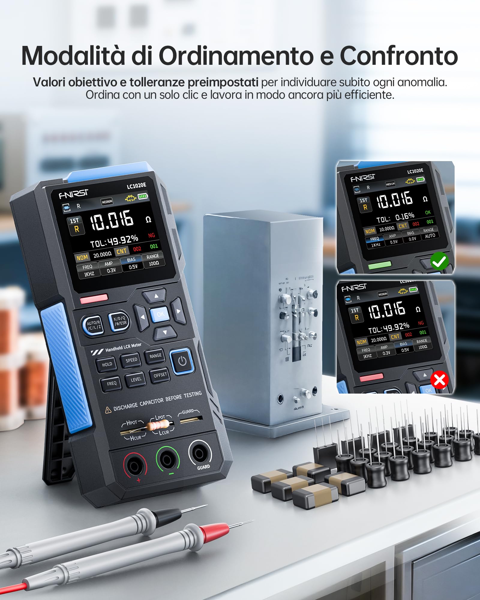 FNIRSI LC1020E Misuratore LCR 100kHz, Tester per Resistori Induttori Condensatori, 19999 Conteggi, Rilevamento Auto Componenti, Misura ESR/Q/D/θ/X, Doppio Parametro, Calibrazione Aperto/Cortocircuito