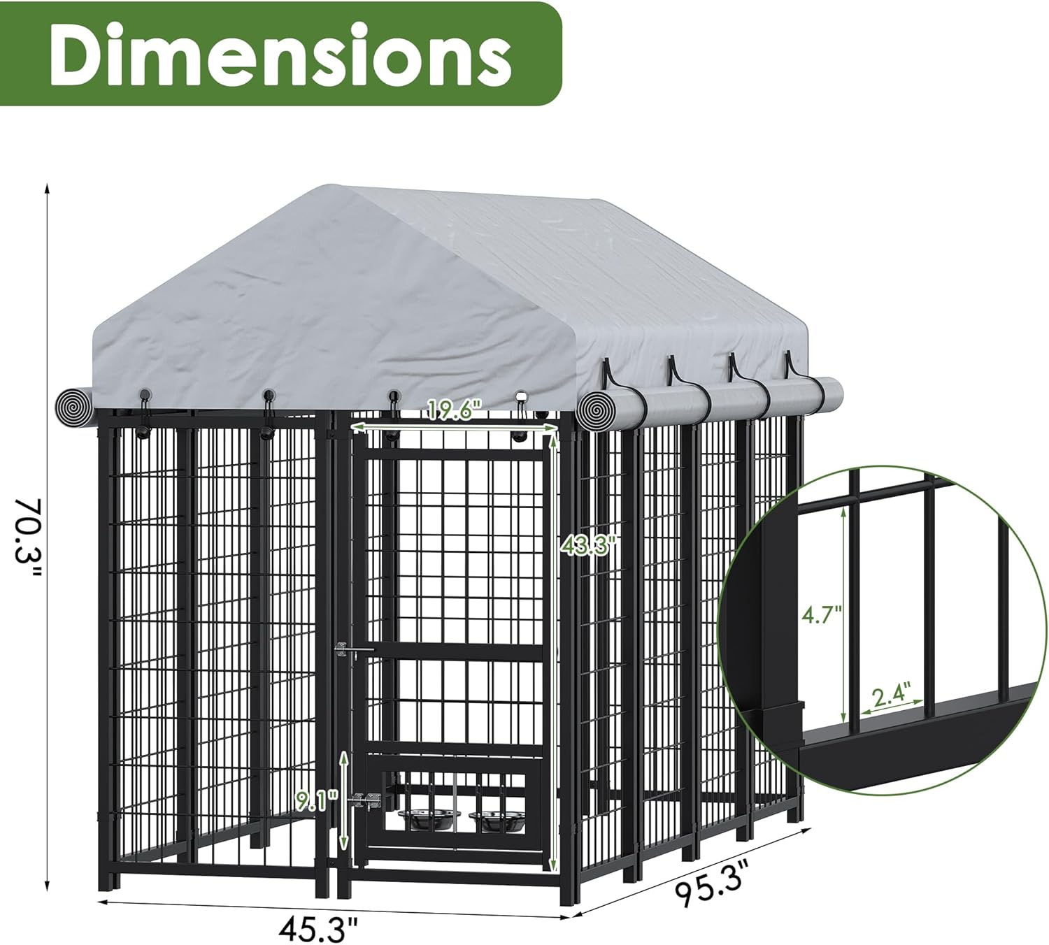 Heavy Duty Outdoor Dog Kennel for Large Dogs, 8x4x6 FT Welded Steel Wire Playpen with UV-Resistant Waterproof Roof, 2 Rotating Height-Adjustable Dog Bowls, Secure Lock for Backyard