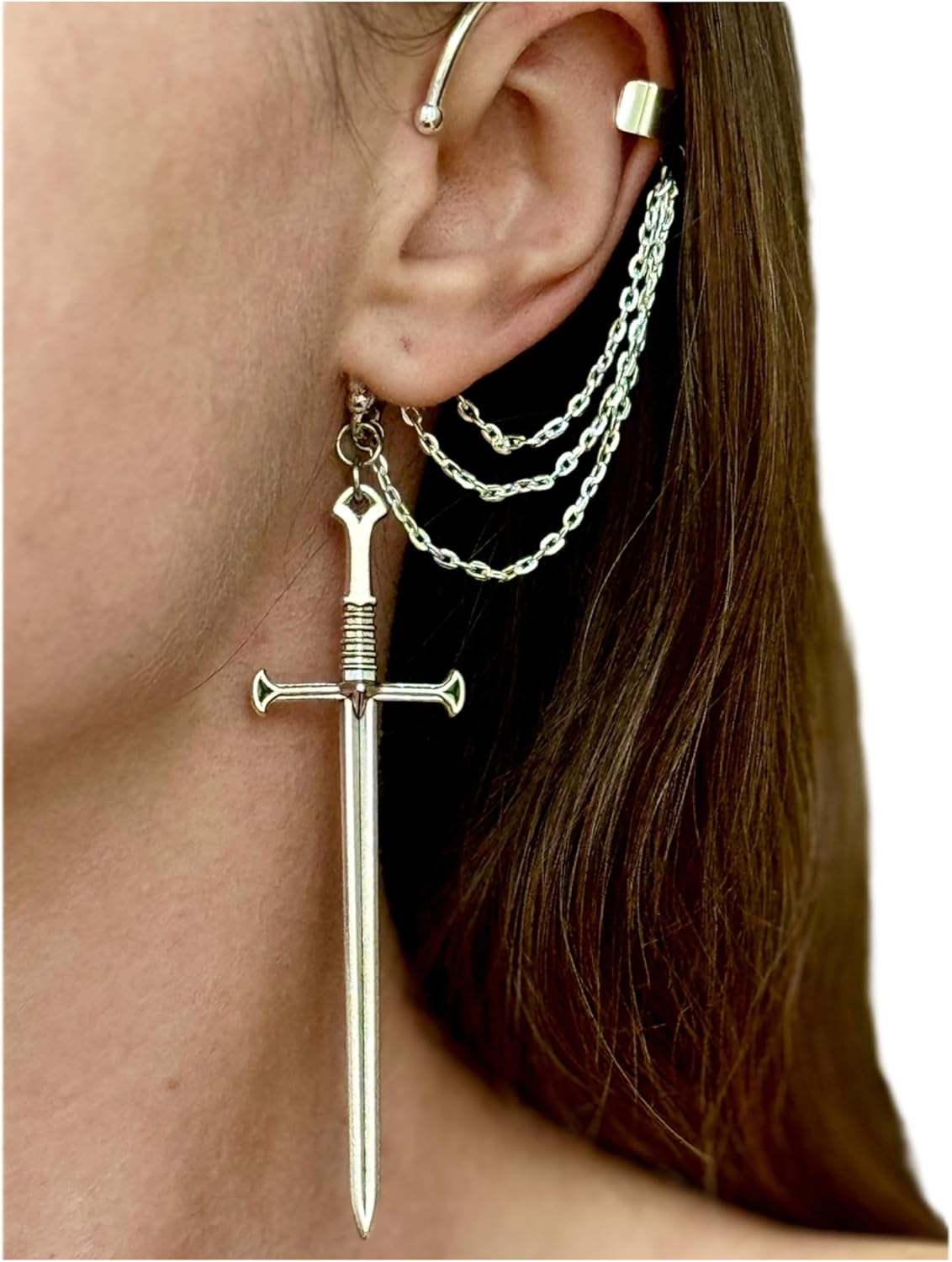 Sword cuff earrings, Handmade No piercing ear wrap, Pirate cosplay jewelry, Big dagger ear cuff, Fake cuff with knife charm, Statement Gothic earring