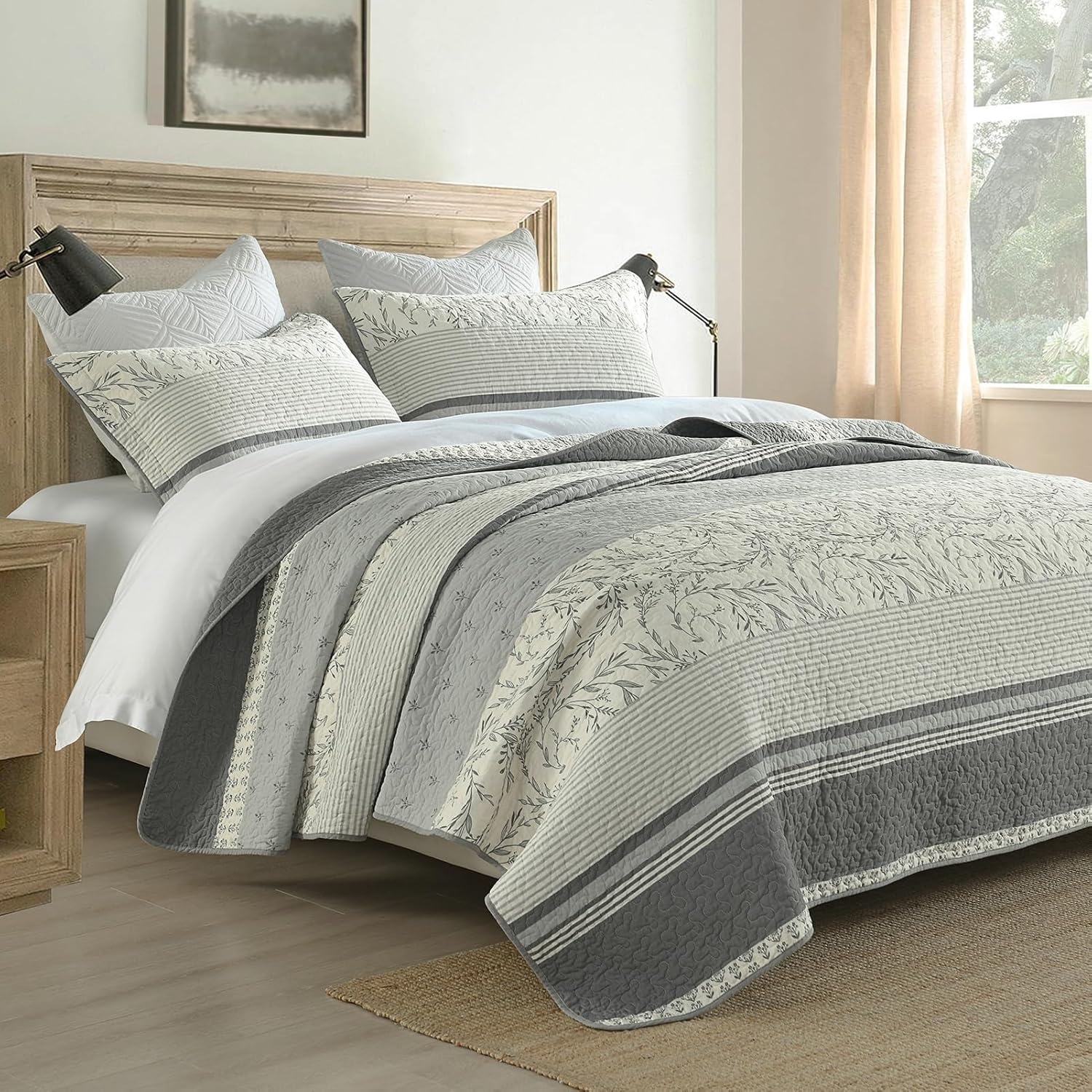 DDUOXIN 100% Cotton King Quilt - Modern Stripe King Size Quilt with 2 Pillow Shams, Bedspread Reversible Lightweight Comforter Bedding Set for All Seasons, Gray Quill/Harbor Mist/Star White - Image 3