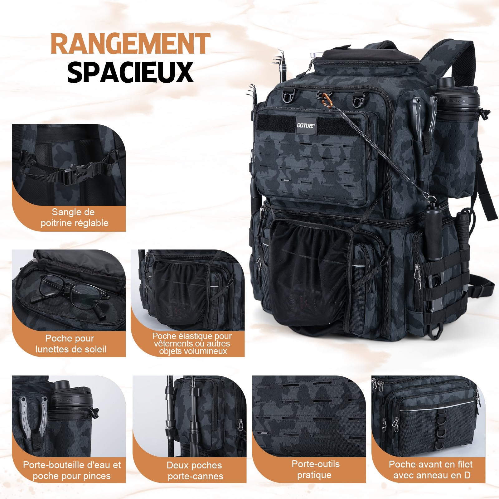 Goture 45 L Bolsa de pesca Espalda Flexible y resistente al agua, viene con dos soportes para cañas y una funda de lluvia con cuatro cajas de cebo y 8 bolsillos para cebo regalos de pesca para hombres