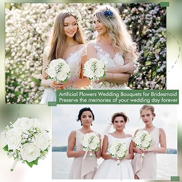 Artificial Bridesmaid Bouquets Set of 6-7 Inch Bridesmaid Bouquets Ivory White Rose Babys Breath Pre-Made Silk Flower Bouquet for Wedding Bridal Shower Centerpiece Ceremony and Anniversary
