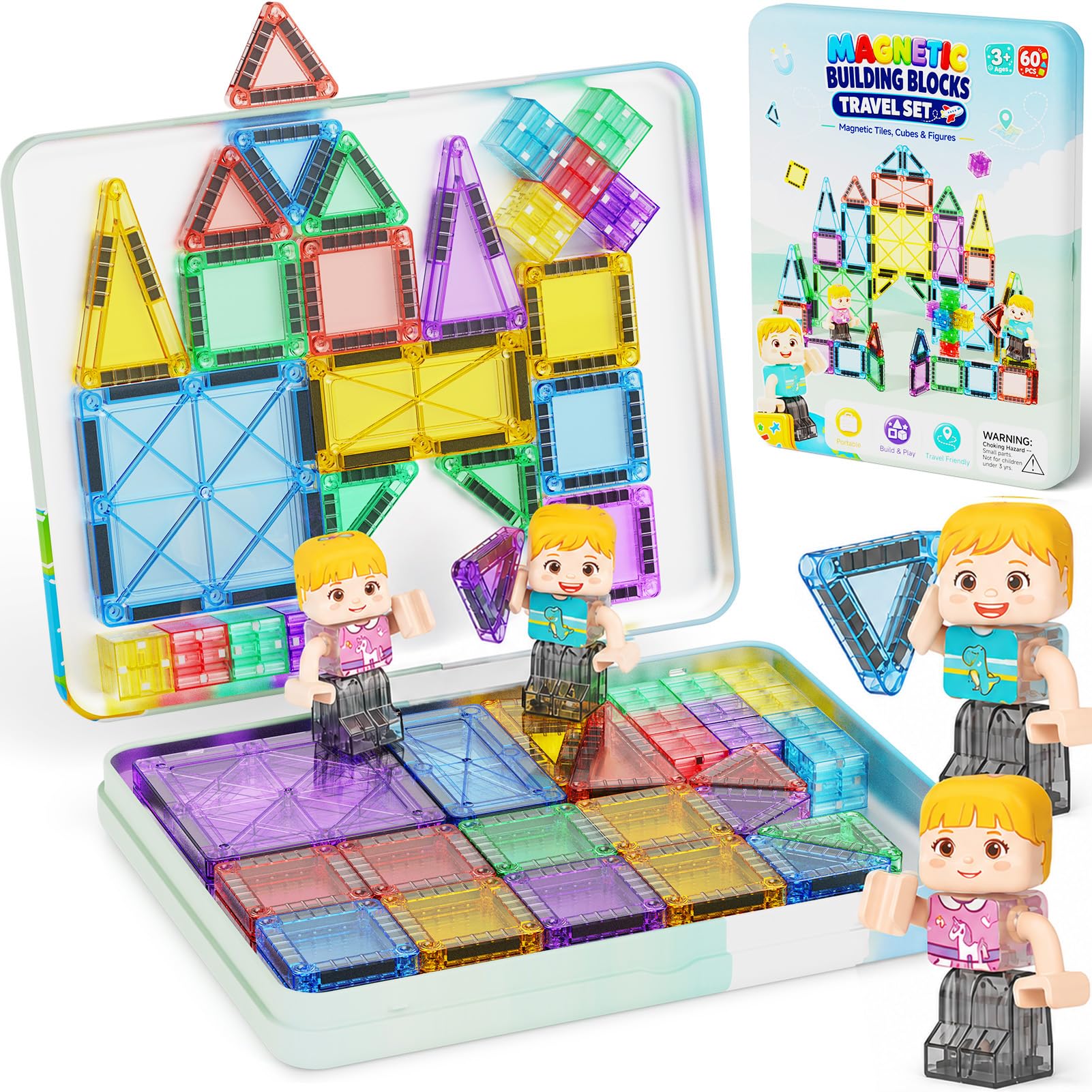 Set da viaggio con 60 mattoncini magnetici per bambini dai 3