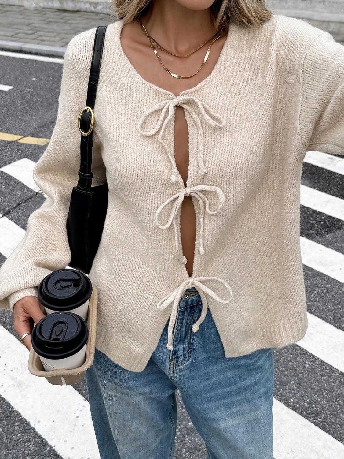 ZAFUL Women's Tie Front Cardigan Sweater Knotted Long Sleeve Knitwear Frenchy Oversized Cardigan - Image 5