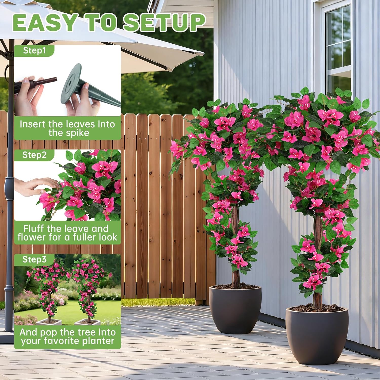 2Pack 4FT Artificial Bougainvillea Topiary Trees for Outdoor, Fake Silk Flowers Plants Bushes with Ground Spike, Faux UV Resistant Shurbs Trees for Outside,Front Porch,Patio,Balcony Decor