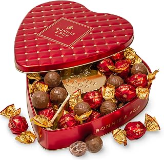 Chocolate Gift- Heart Shaped Tin with Chocolate Hazelnut Bon Bons, Gift Box for Her, Women, Wife, Girl, Romance, Love- Bonnie & Pop