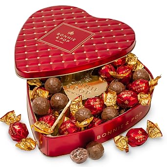 Chocolate Gift- Heart Shaped Tin with Milk Chocolate Hazelnut Bon Bons, Gift Box for Her, Women, Wife, Mom, Grandmother, Love- Bonnie & Pop