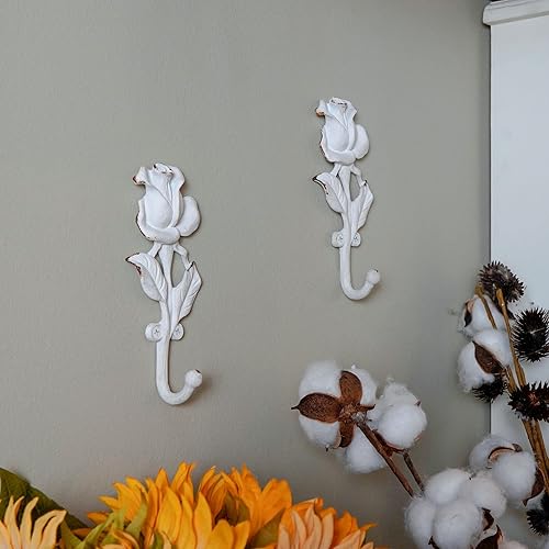 Miniatura 5 de SOFFEE DESIGN 2 ganchos individuales blancos con diseño de rosas 3D, estilo retro adornado para decoración de pared de habitación, abrigo, sombrero,