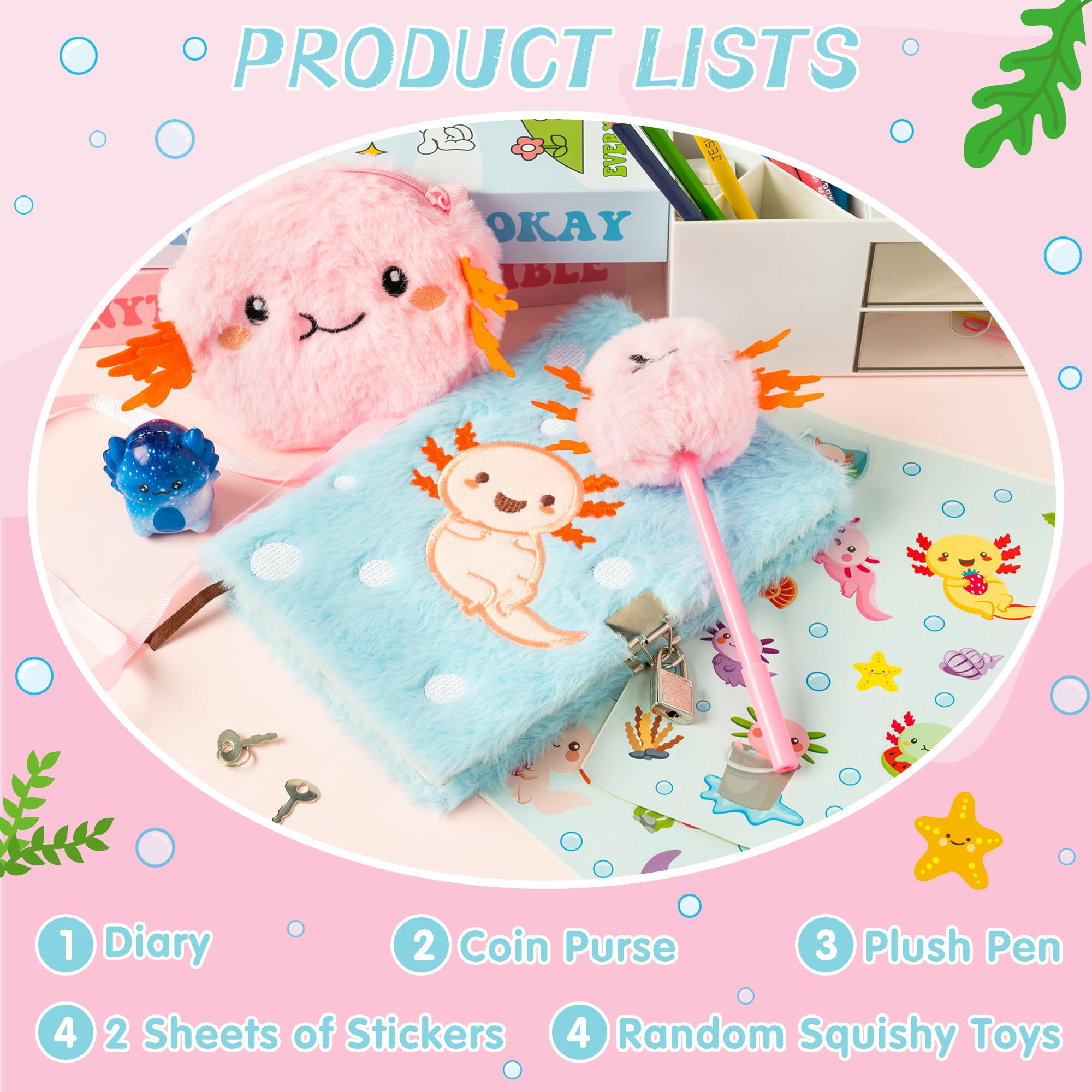 CY2SIDE 6 piezas de diario de ajolote con cerradura y llaves para niños, cuaderno de diario secreto de peluche de ajolote con bolsa para monedas, pegatinas de bolígrafo y juguete de apretar, idea para