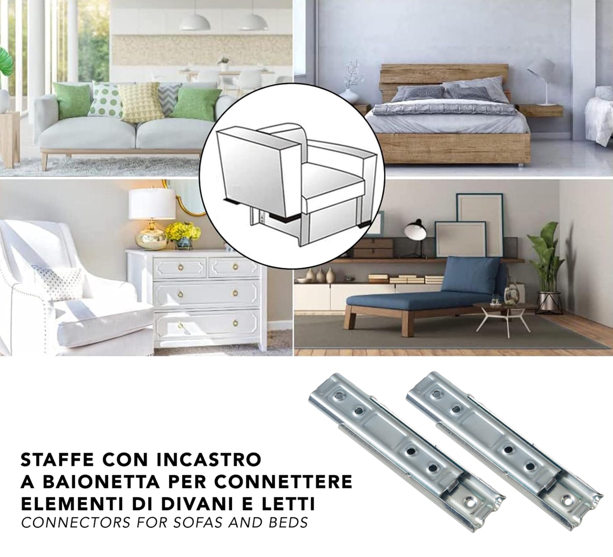 IPEA Staffe per Fissaggio Testiera Letto, Divani e Mobili - 2 Pezzi - Ganci a Incastro in Metallo per Arredamento - Baionette - Connettori Universali per Parti di Letti e Divani - Supporti - Metallici