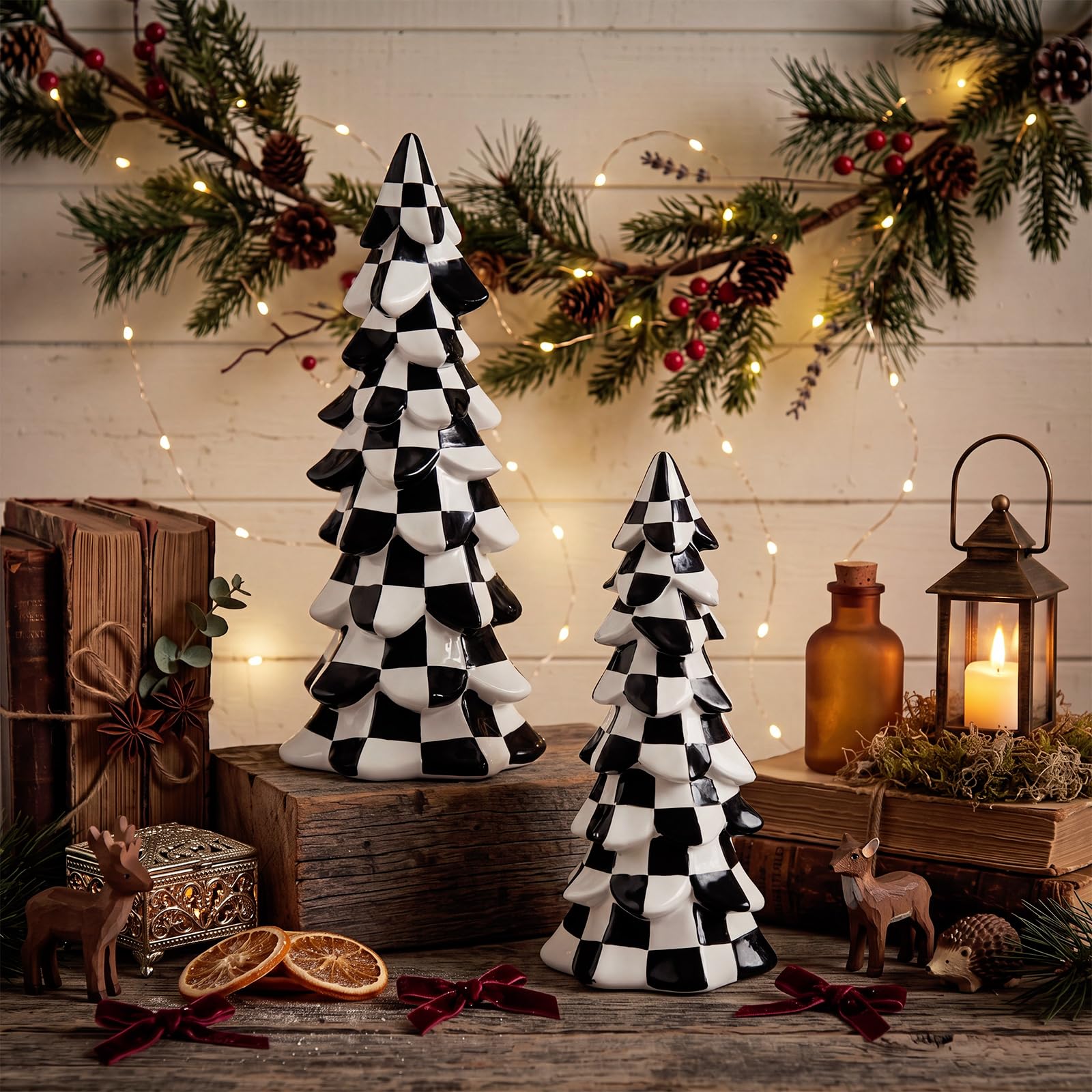 SiliFine 2 Pcs Resin Checkered Christmas Tree Figurines Centerpiece, Pine
